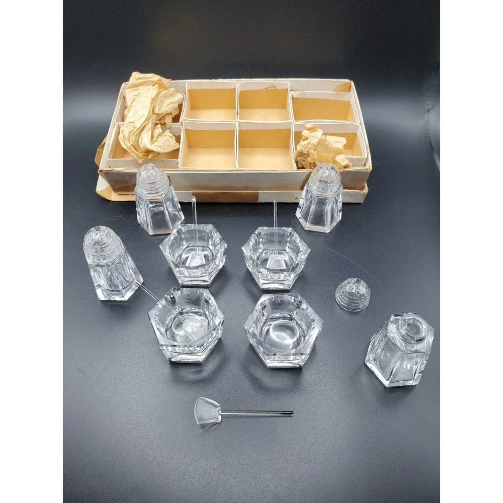 Vtg 4 Open Salts w/Glass Spoons + 4 Glass Salt Shakers in/Original Box Never Use